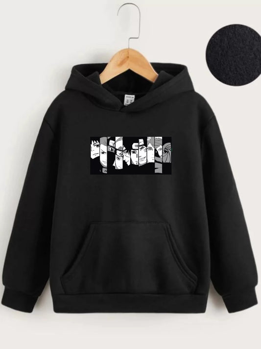 Çocuk Unisex Kapüşonlu Koyu Anime Baskılı Sweatshirt - Siyah