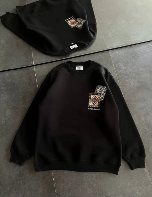 Kadın Bisiklet Yaka Baskılı SweatShirt - Siyah