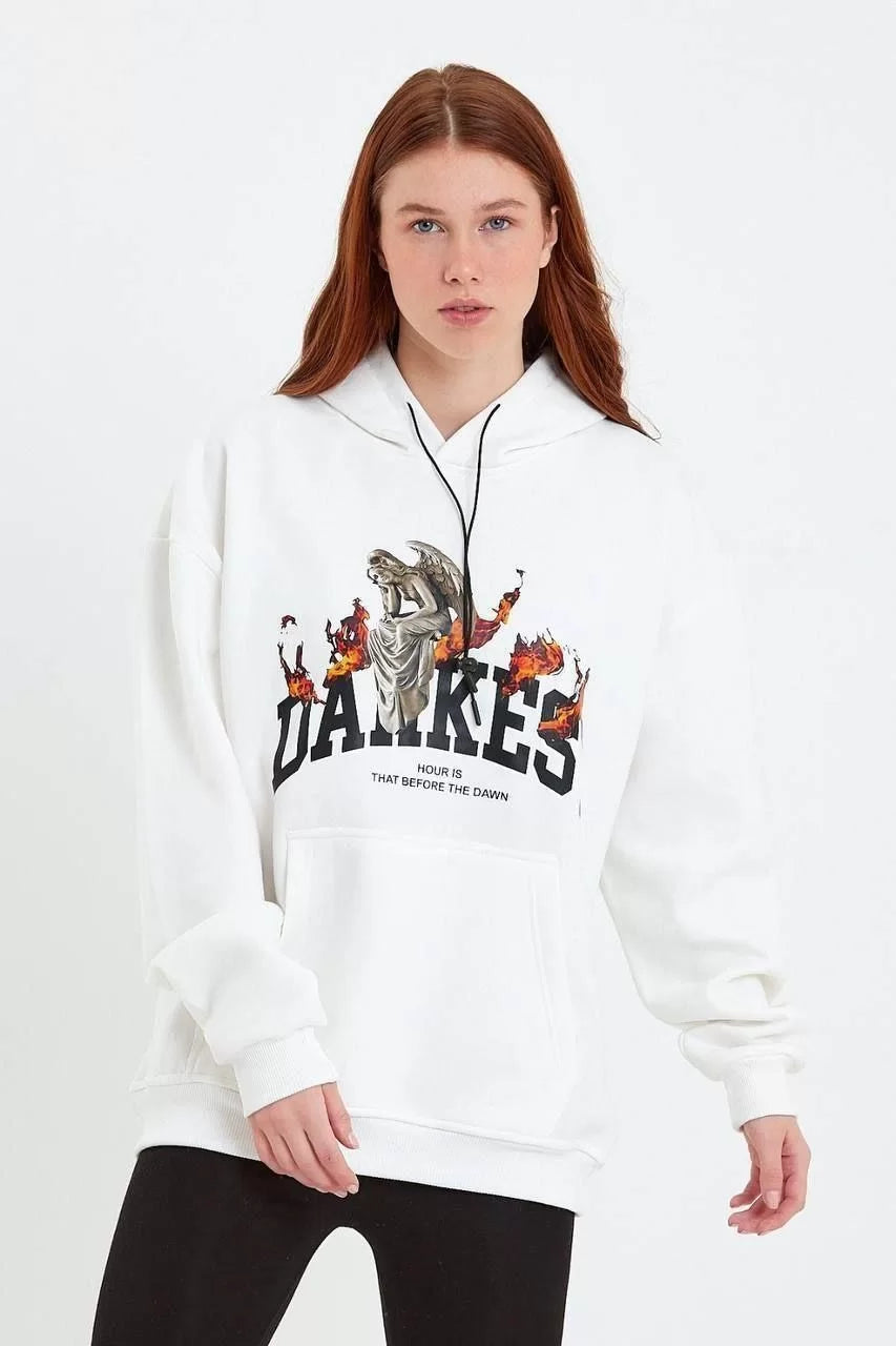 Kadın DANKES Baskılı Kapüşonlu Sweat - Beyaz